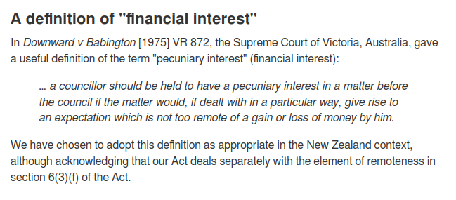A screenshot of the definition of 'financial interest' that the Office of the Auditor-General has chosen to adopt as appropriate in the NZ context, although acknowledging that our Act deals separately with the element of remoteness in section 6(3)(f) of the Act.